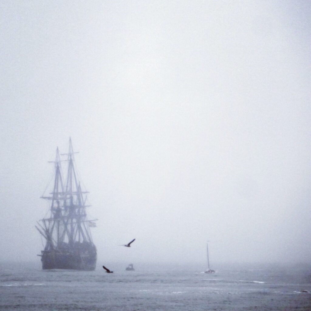 Tall ship appears out of the mist