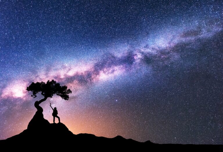 Milky Way and silhouette of woman under the tree