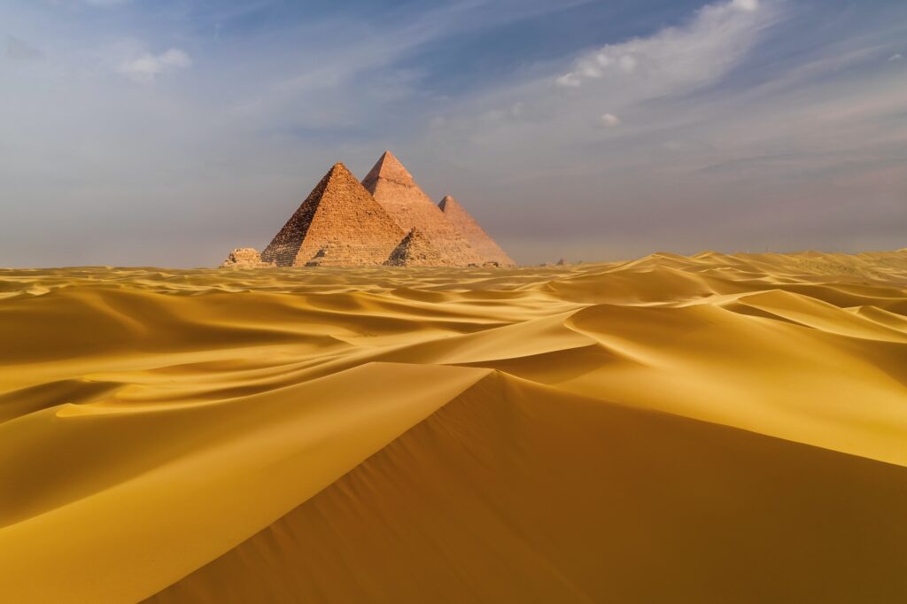 Sunset view of Pyramid complex of Giza, in Cairo, Egypt